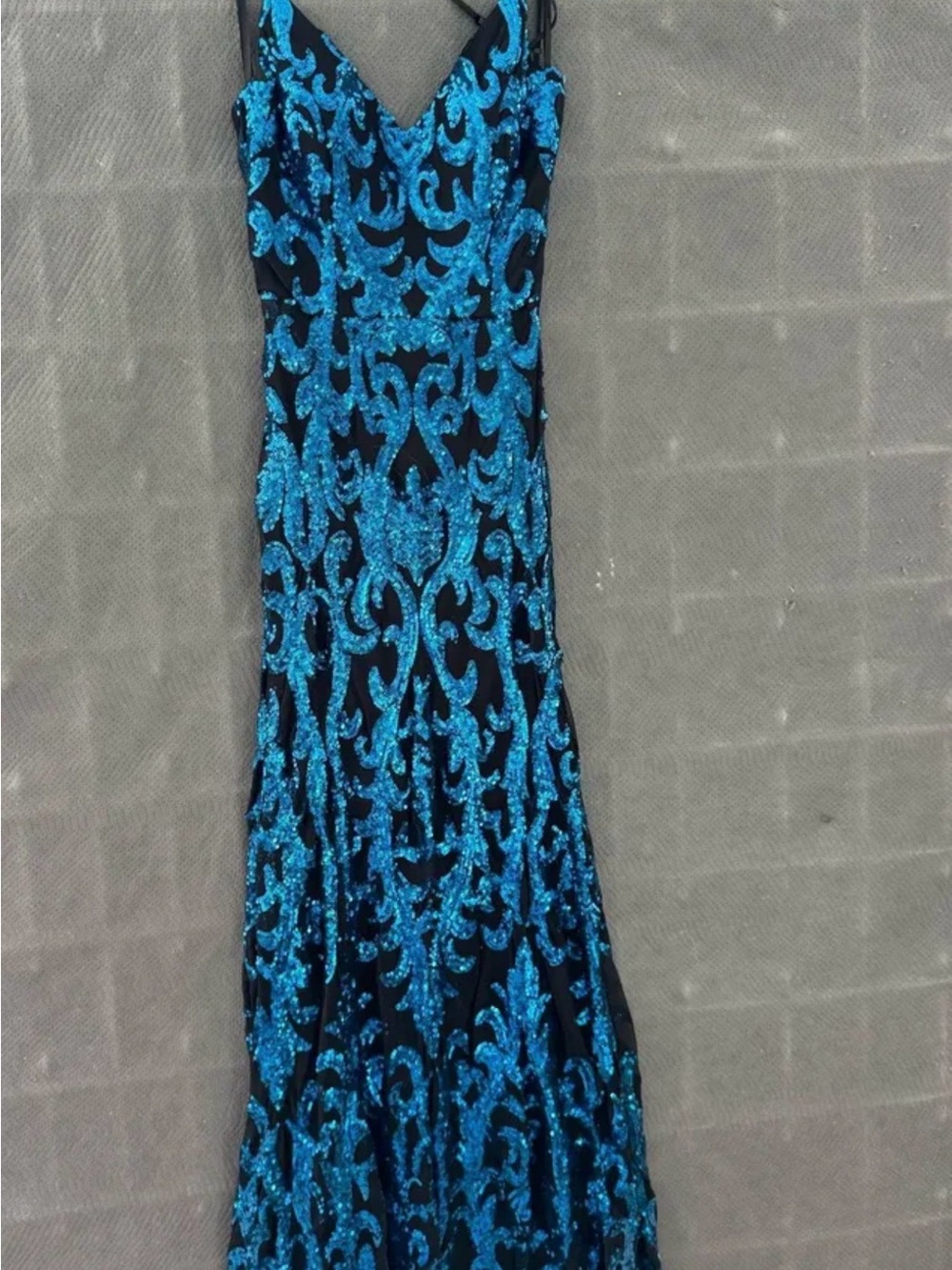 Windsor Black Gown with Bright Blue Sequin Overlay